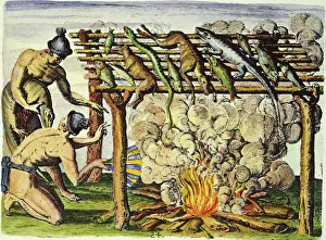 Florida Native Americans curing fish and game on a barbecue. Colored engraving, 1591 Florida Native Americans curing fish and game on a barbecue. Colored engraving, 1591