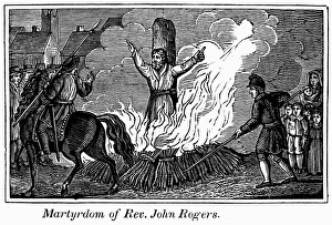 FOXE: BOOK OF MARTYRS. Martyrdom of Rev. John Rogers, 1555, in England. Line engraving FOXE: BOOK OF MARTYRS. Martyrdom of Rev. John Rogers, 1555, in England. Line engraving