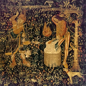 FRANCE: BLACKSMITHS, c1600. French tapestry, early 16th century, depicting the FRANCE: BLACKSMITHS, c1600. French tapestry, early 16th century, depicting the