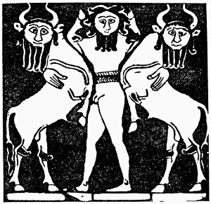 GILGAMESH. Gilgamesh taming two monsters. Woodcut after a Sumerian shell inlay, 3rd millennium B GILGAMESH. Gilgamesh taming two monsters. Woodcut after a Sumerian shell inlay, 3rd millennium B