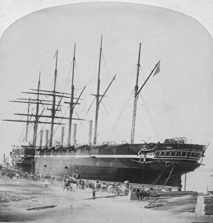 Great Eastern Steamship Prints: GREAT EASTERN, 1858-59. The iron steamship Great Eastern at dockside in New York City: stereograph view