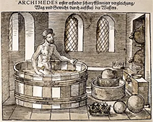 Greek mathematician and inventor. Archimedes in his tub, discovering the relationship between weight Greek mathematician and inventor. Archimedes in his tub, discovering the relationship between weight