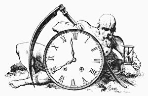 GRIM REAPER AND CLOCK. Symbol of death. Line engraving GRIM REAPER AND CLOCK. Symbol of death. Line engraving