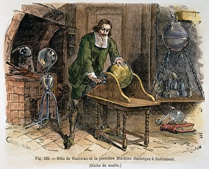 Prints of GUERICKEs GENERATOR c1663. Otto von Guericke working his electrostatic generator, c1663. Colored engraving, French, 19th century Otto Von Guericke Prints: GUERICKE'S ELECTROSTATIC GENERATOR PRINT, 19TH CENTURY