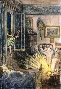 Author Prints: Handcolored Print of Peter Pan Flying into a Nursery