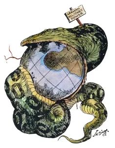 World War I Propaganda Prints: CARTOON: ANTI-GERMAN, c1917. The Python. A militarily strong Germany swallows up the world