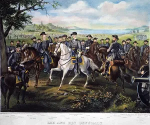 Handcolored lithograph print of Robert E. Lee with his generals, 1867