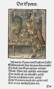 German Craftsman Prints: SPUR MAKER, 1568. A maker of spurs and bits in his workshop