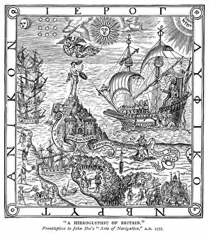 A Hieroglyphic of Britain. Allegorical depiction of the nation of Great Britain. Frontispiece to John Dees Arte of Navigation, 1577