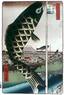HIROSHIGE: KITES, 1857. Carp kites flown from masts. Color woodblock print from One HIROSHIGE: KITES, 1857. Carp kites flown from masts. Color woodblock print from One