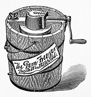 ICE CREAM FREEZER. American ice cream freezer. Line engraving, late 19th century ICE CREAM FREEZER. American ice cream freezer. Line engraving, late 19th century