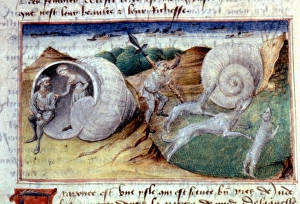 IMAGINARY LAND OF TRAPONCE. Where people live in shells. French miniature, c1460 IMAGINARY LAND OF TRAPONCE. Where people live in shells. French miniature, c1460