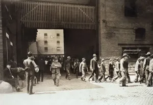 Sepia Tone Photographs Prints: HINE: MEAT PACKING, c1908. Workers, some of them young boys, leaving the Indianapolis