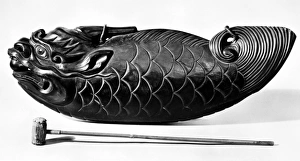 Japanese wooden drum in the shape of fish (Mokugyo), used in Buddhist temple ceremonies, c1889 Japanese wooden drum in the shape of fish (Mokugyo), used in Buddhist temple ceremonies, c1889