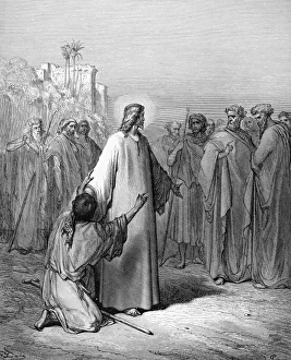JESUS HEALING. Jesus healing a man possessed with a devil (Luke 4:26). Wood engraving after Gustave Dor JESUS HEALING. Jesus healing a man possessed with a devil (Luke 4:26). Wood engraving after Gustave Dor
