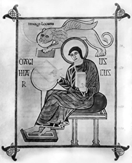 LINDISFARNE: SAINT MARK. Book of Lindisfarne Gospels. Written and illuminated about 700 A LINDISFARNE: SAINT MARK. Book of Lindisfarne Gospels. Written and illuminated about 700 A