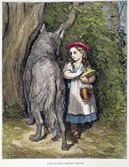 Little Red Riding Hood encounters the wolf in the woods on the way to visit her grandmother Little Red Riding Hood encounters the wolf in the woods on the way to visit her grandmother