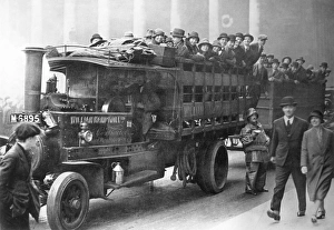 London office workers riding to work on a lorry pressed into bus service during the general strike of May 3-12, 1926 London office workers riding to work on a lorry pressed into bus service during the general strike of May 3-12, 1926