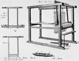 Line engraving print of a fly shuttle loom