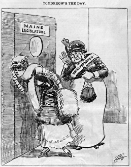 MAINE: WOMEN'S SUFFRAGE. Tomorrows the Day. Women listening at the door as the Maine State Legislature votes on an MAINE: WOMEN'S SUFFRAGE. Tomorrows the Day. Women listening at the door as the Maine State Legislature votes on an