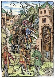 MEDIEVAL PRISON, 1509. Criminals being led to prison. Color woodcut, Augsburg, Germany MEDIEVAL PRISON, 1509. Criminals being led to prison. Color woodcut, Augsburg, Germany