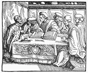 MEDIEVAL SCHOLARS. Woodcut, c15th century MEDIEVAL SCHOLARS. Woodcut, c15th century