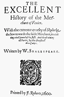 MERCHANT OF VENICE. Title page of the first publication in quarto, 1600, of William MERCHANT OF VENICE. Title page of the first publication in quarto, 1600, of William