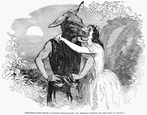 Prints of A MIDSUMMER NIGHTs DREAM. William Shakespeares A Midsummer Nights Dream performed at Sadlers Wells Theatre, London, England, 1853. Wood engraving from a London newspaper of 1853 Theatre Prints: Wood engraving print of A Midsummer Night's Dream performance