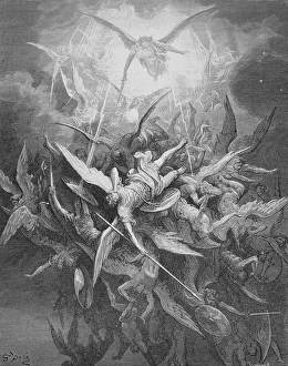 Prints of MILTON: PARADISE LOST. Satan and his rebellious angels are cast out of Heaven (Book I, lines 44-45). Wood engraving after Gustave Dor D Prints: Milton's Paradise Lost Print: Cast Out of Heaven