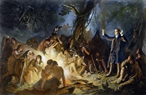 MORAVIAN MISSIONARY. David Zeisberger (1721-1808), the Moravian missionary, preaching MORAVIAN MISSIONARY. David Zeisberger (1721-1808), the Moravian missionary, preaching