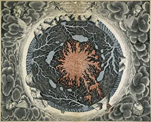 Geological Prints: Cross-section engraving of the Earth with a central core of fire