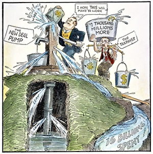 What We Need Is Another Pump. American cartoon satirizing President Roosevelts New Deal What We Need Is Another Pump. American cartoon satirizing President Roosevelts New Deal