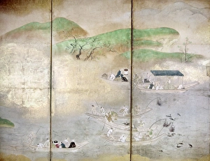 Nobles use tethered cormorants to catch fish. Screen painting, 17th century Nobles use tethered cormorants to catch fish. Screen painting, 17th century