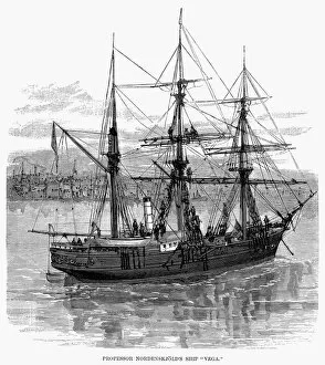 NORDENSKJ├ûLD: VEGA, 1880. The steamship Vega on which Baron Niels (Adolf Erik) Nordenskj├Âld navigated the Northeast Passage from the Atlantic to the Pacific Ocean, 1879-1880. Wood engraving, 1880