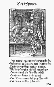 German Craftsman Prints: SPUR MAKER, 1568. A maker of spurs and bits in his workshop