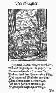 Renaissance Craftsman Prints: WAGONWRIGHT, 1568. The wagonwright, a maker of wheels, wagons, carts, carriages and plows