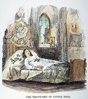 OLD CURIOSITY SHOP. Little Nell on her deathbed. Color wood engraving, 19th century OLD CURIOSITY SHOP. Little Nell on her deathbed. Color wood engraving, 19th century