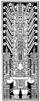 PERU: CHAVIN STELE. Drawing of the Raimondi stele, portraying a chieftain wearing PERU: CHAVIN STELE. Drawing of the Raimondi stele, portraying a chieftain wearing