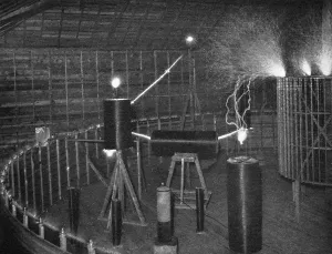Portrait Prints: Print of Tesla's Laboratory, c1900: Coils in Electrical Oscillation