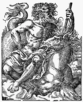 POSEIDON/NEPTUNE. Poseidon on a seahorse. Woodcut, 1599, by Jost Amman POSEIDON/NEPTUNE. Poseidon on a seahorse. Woodcut, 1599, by Jost Amman