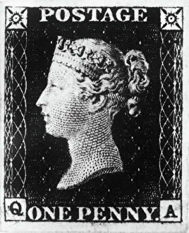 POSTAGE STAMP, 1840. The Penny Black of Great Britain, engraved by Frederick Heath and printed by Perkins Bacon & Co POSTAGE STAMP, 1840. The Penny Black of Great Britain, engraved by Frederick Heath and printed by Perkins Bacon & Co