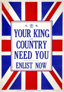 Union Jack Flag Design Prints: WWI: POSTER, 1914. Your king and country need you. Enlist now. Lithograph, 1914