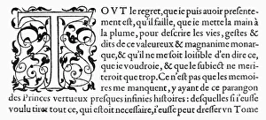 Wood engraving of a printing press with an initial T