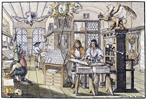 PRINTING OFFICE. Interior of a printing office. Dutch woodcut by Abraham von Werdt PRINTING OFFICE. Interior of a printing office. Dutch woodcut by Abraham von Werdt