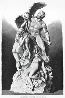 PROMETHEUS. Prometheus and the ocean nymphs. Line engraving, 19th century, after a sculpture by Eduard Muller PROMETHEUS. Prometheus and the ocean nymphs. Line engraving, 19th century, after a sculpture by Eduard Muller