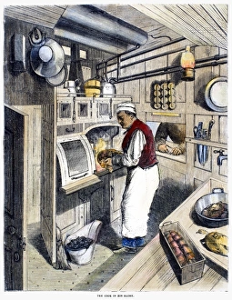 Pullman Car Interior Prints: PULLMAN CAR, 1877. The cook in a Pullman dining car. Wood engraving, American, 1877