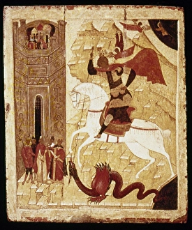 RUSSIA: ICON. Miracle of St. George and the Dragon. Roston-Suzdal School, Russia. Early 16th century RUSSIA: ICON. Miracle of St. George and the Dragon. Roston-Suzdal School, Russia. Early 16th century