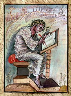 SAINT MATTHEW. Writing his gospel at the dictation of an angel. Manuscript illumination SAINT MATTHEW. Writing his gospel at the dictation of an angel. Manuscript illumination