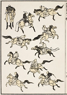 Samurai practicing horsemanship. The tail-covers on the horses were common on ceremonial Samurai practicing horsemanship. The tail-covers on the horses were common on ceremonial