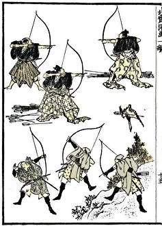 Manga Collection: Six samurai; the upper three at court, practicing their archery; the lower three in traditional